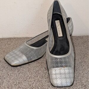 Nina Silver Mesh Glitter Lattice Low Block Heel Pumps 11M NEW Small Flaw